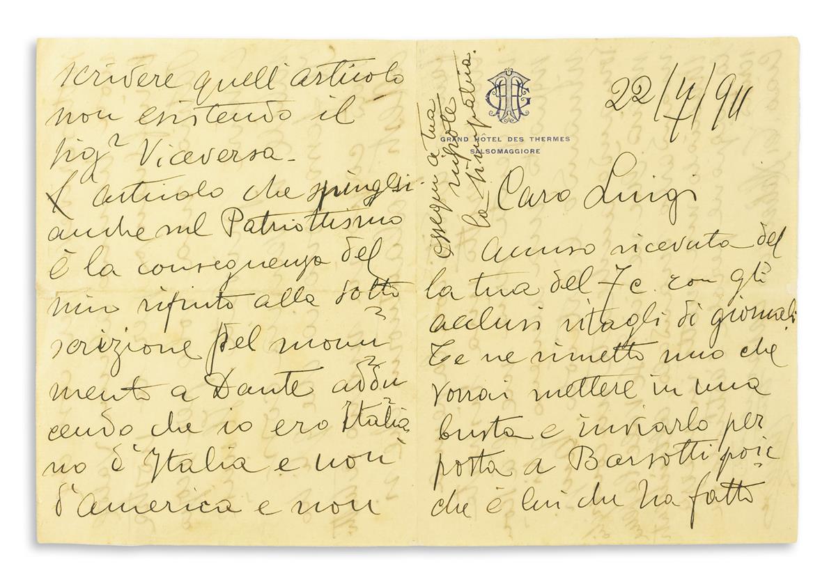 CARUSO ENRICO Two Autograph Letters Signed in full or Caruso